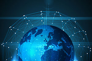 planet earth in blue with rays and computer dots creating a network connection